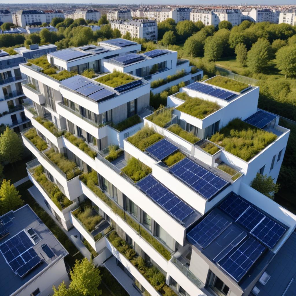 Immeuble résidentiel écologique avec panneaux solaires en IDF - RE2020 logement neuf 2026
