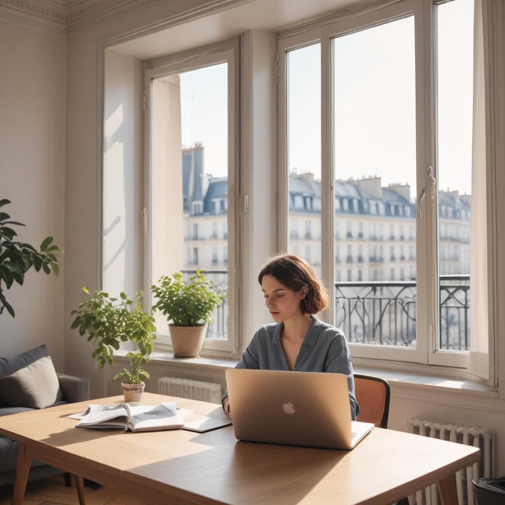 Personne en télétravail dans un appartement parisien lumineux - immobilier IDF 2026